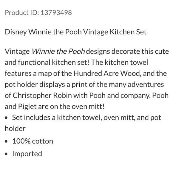 DISNEY WINNIE THE POOH “VINTAGE” 3 PIECE KITCHEN SET! OVEN MITT POTHOLDER TOWEL - Picture 2 of 2